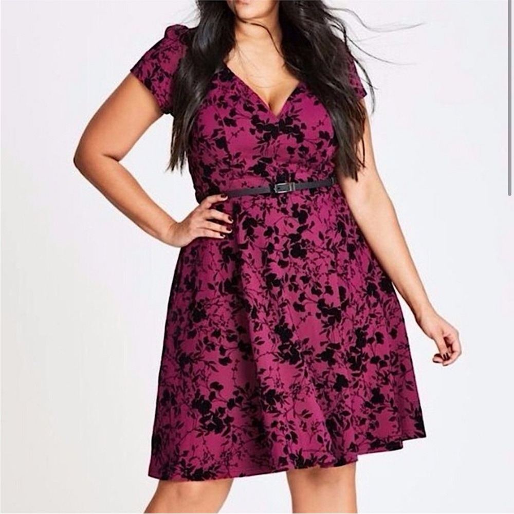CITY CHIC Fit & Flare Midi Dress Velvet Flocked Floral 18W / M Cocktail Evening
